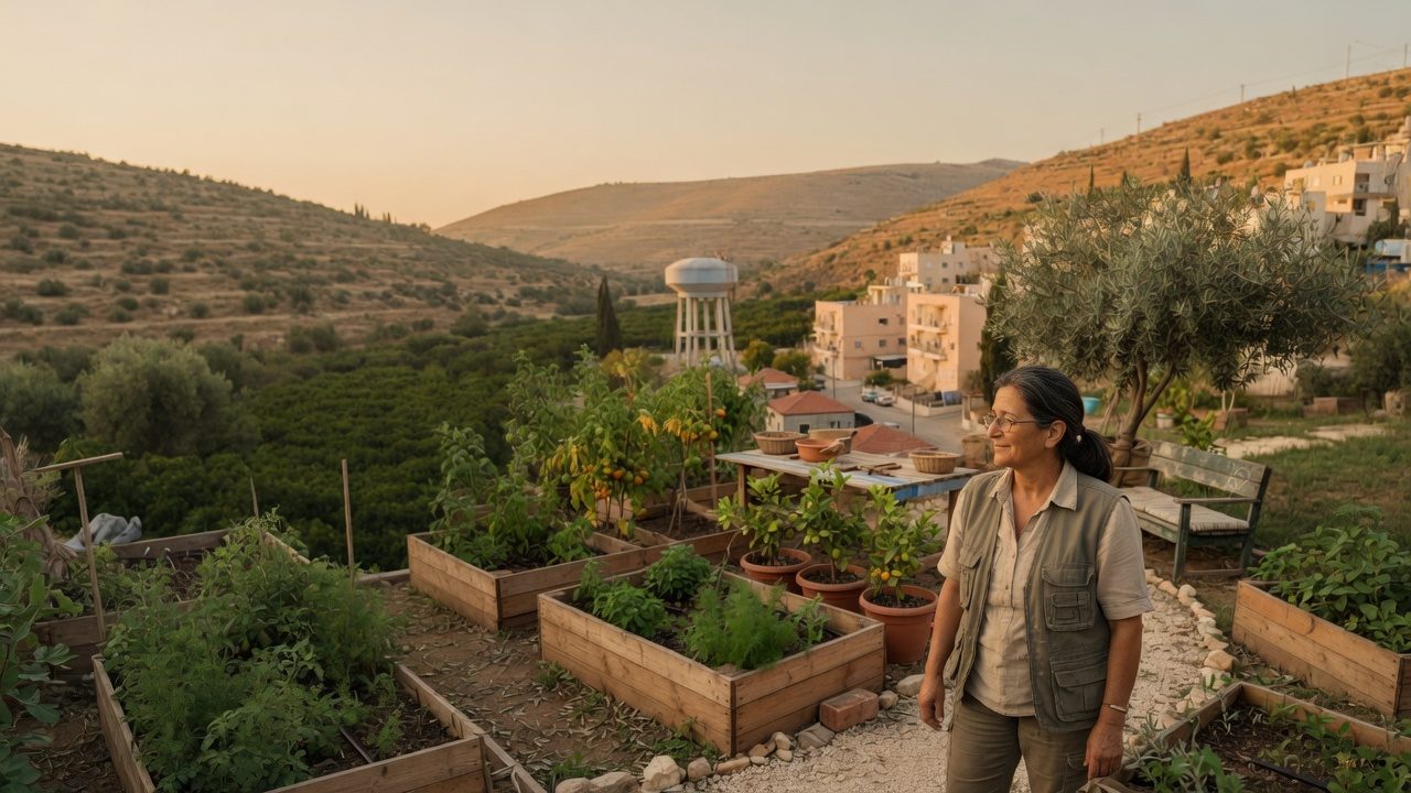 Ruti Almog standing in the garden above the valley at golden hour