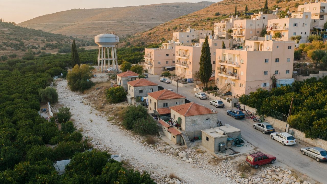 Aerial view of Kiryat Hadarim: houses, a water tower and orchards