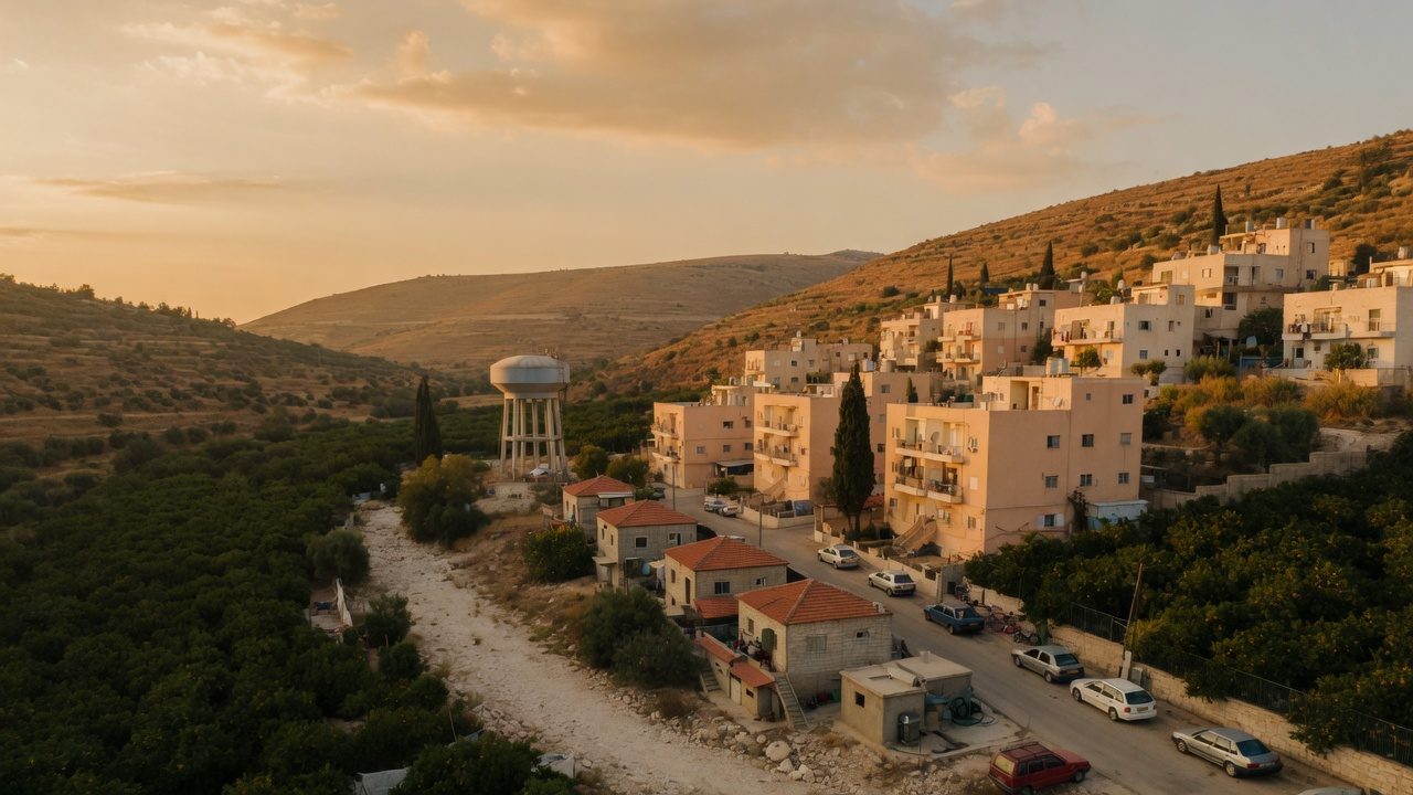 The town and orchards at golden hour