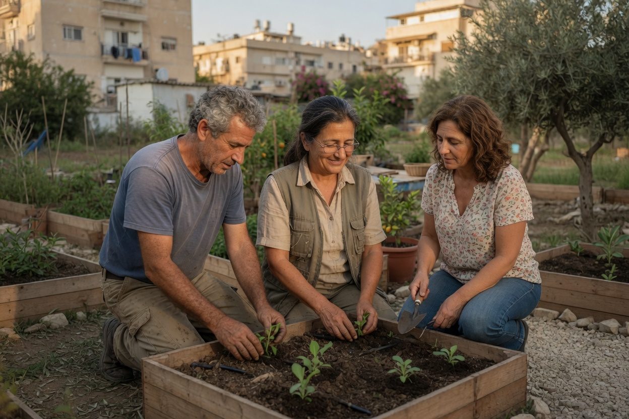 Three residents planting seedlings in a raised bed
