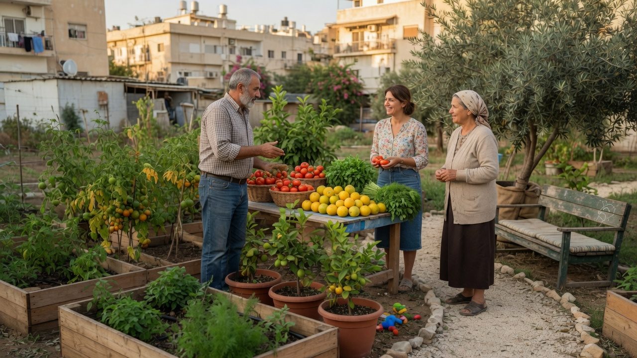 Residents around a table of garden produce