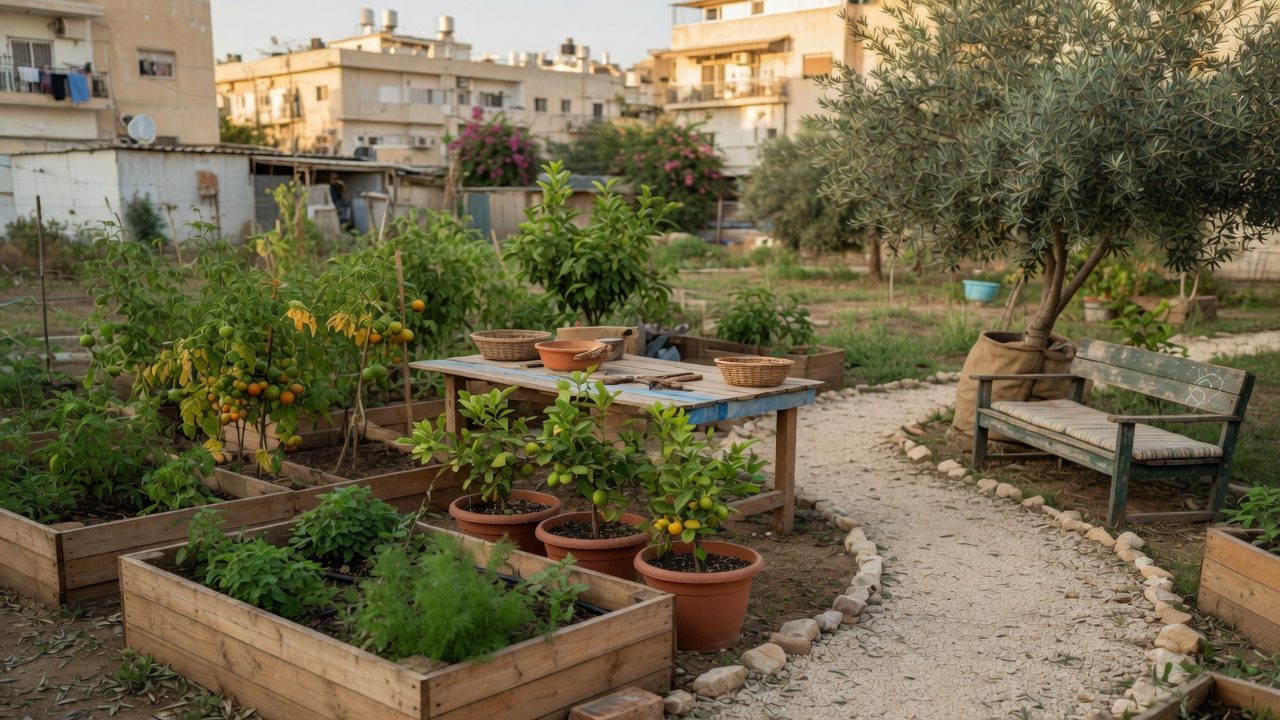 Raised planting beds, a work table and a bench in the community garden